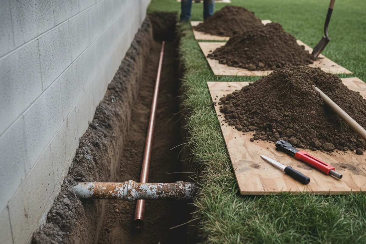 Excavated water line trench during Water Heater Repair in Greenwood